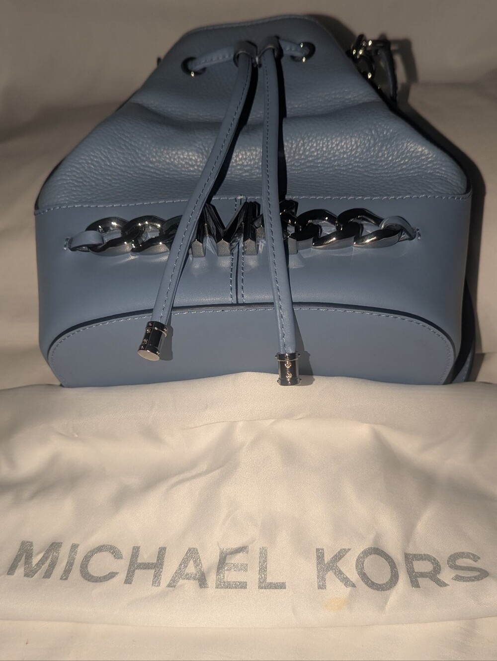 Michael Kors Devon Blue Leather Drawstring Bucket Bag With Silver Hardware - Picture 11 of 12